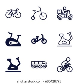 Bicycle icons set. set of 9 bicycle filled and outline icons such as exercise bike, weapon truck