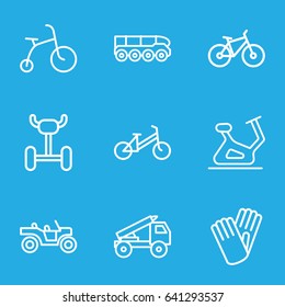 Bicycle icons set. set of 9 bicycle outline icons such as exercise bike, gloves, truck rocket, weapon truck