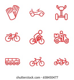 Bicycle icons set. set of 9 bicycle outline icons such as bike, gloves, weapon truck, delivery bike