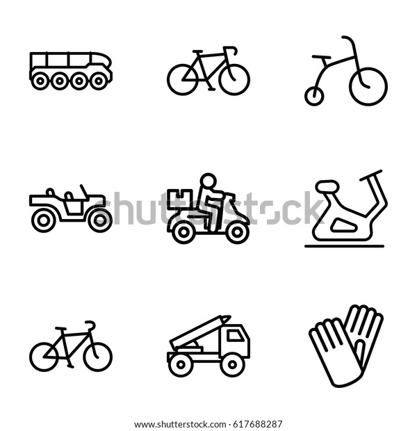 Bicycle icons set. set\
of 9 bicycle outline icons such as exercise bike, gloves, truck\
rocket, weapon truck