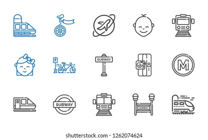 bicycle icons set. Collection of bicycle with train, subway, metro, sport, baby, travel, unicycle. Editable and scalable bicycle icons.