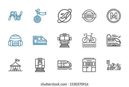 bicycle icons set. Collection of bicycle with train, circus, bike, subway, sport, metro, travel, unicycle, exercise. Editable and scalable bicycle icons.