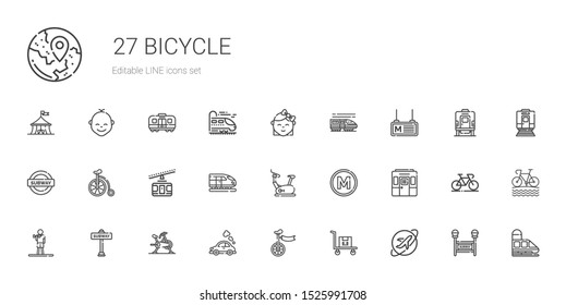 bicycle icons set. Collection of bicycle with travel, transportation, unicycle, vehicle, stationary bike, subway, exercise, train, metro. Editable and scalable bicycle icons.