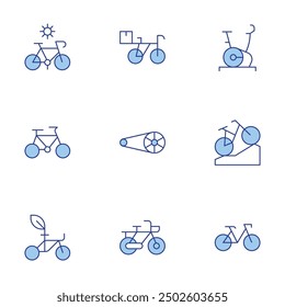 Bicycle icons set. Line Duotone style, editable stroke. cycling, bicycle, bike, gears, mountain bike, stationary bike.