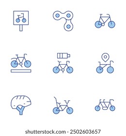 Bicycle icons set. Line Duotone style, editable stroke. chain, helmet, bike, bicycle, parking sign, bike lane.