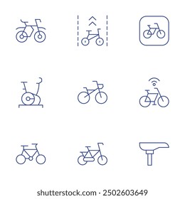 Bicycle icons set. Thin Line style, editable stroke. cycle, stationary bike, bicycle, bike, bike lane, saddle.