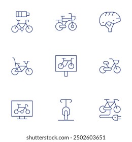 Bicycle icons set. Thin Line style, editable stroke. cycling, bike, bicycle, bicycle parking, electric bike, helmet.