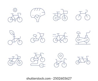 Iconos de la bicicleta. Estilo de línea delgada, carrera editable. bicicleta, ciclismo, bicicleta estacionaria, bicicleta, bicicleta eléctrica, casco.