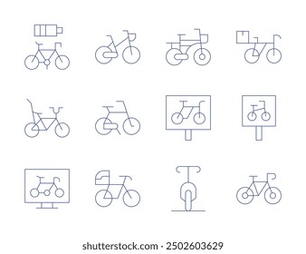 Bicycle icons. Thin Line style, editable stroke. cycling, biking, bike, bicycle, bicycle parking, parking sign.