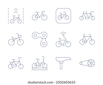 Bicycle icons. Thin Line style, editable stroke. bike, bicycle, bike lane, saddle, chain, gears.