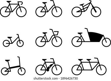 Bicycle Icon-Set, Outline Flat Design, Black  White, Vector Grafic