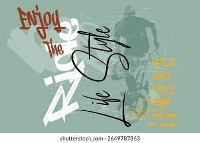 com bicicleta ilustração arte tees, Basta andar slogan gráfico, graffity bicicleta sloganTee, t camisa gráficos impressão vetor ilustração design, Tipografia urbana hipster rua arte para gráfico tees.eps8