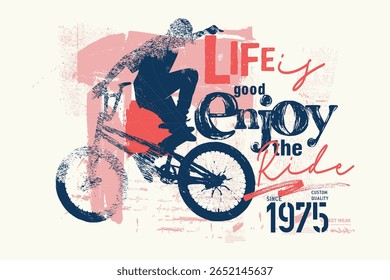 Ilustração de bicicleta tees arte, Rider slogan gráfico, slogan de bicicleta graffityTee, um homem montando uma arte bicicleta velha.