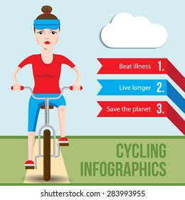 Bicycle infographics concept with front view of smiling cartoon hipster woman riding on a bike. Vector fiat illustration. Health Benefits of Cycling. Helth lifestyle