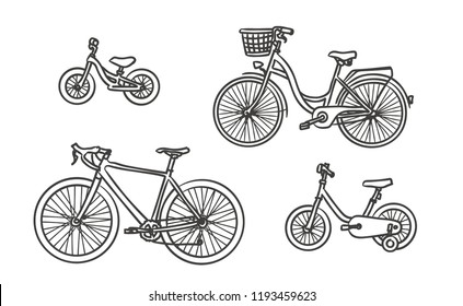 Bicycle isolated hand drawn icon. Urban, children, women, men, family bikes. Design biking and rolling wheels. Vector illustration sketch icons.