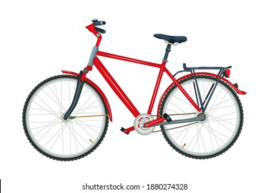 Bicycle isolated on white background. Modern red city or mountain bike. Delivery bike with pedals side view. Ecological sport transport, green road vehicle. Bicycle poster. Stock vector illustration