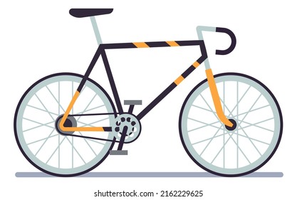 Bicycle isolated on white background. Extreme sports and roadbike, side view bike, walking modern urban vehicle, ecological city two-wheeled transport flat, vector illustration