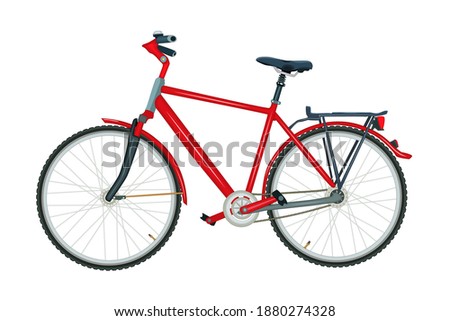Bicycle isolated on white background. Modern red city or mountain bike. Delivery bike with pedals side view. Ecological sport transport, green road vehicle. Bicycle poster. Stock vector illustration