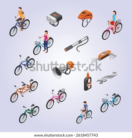 Bicycle isometric icons set with tools accessories and different types of bicycles vector illustration