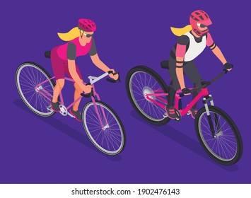 Bicycle isometric set with isolated human characters of bike riders on bicycles wearing helmet and cap vector illustration