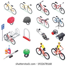 Bicycle isometric set of isolated icons of bikes of different models helmets lubricants and parking facility vector illustration