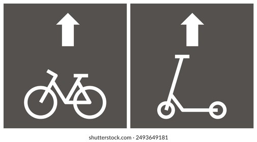 Bicycle and kick scooter lane icon, road marking set isolated on white background