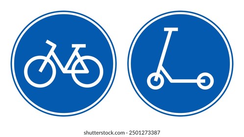 Bicycle and kick scooter lane icon, road sign set isolated on white background