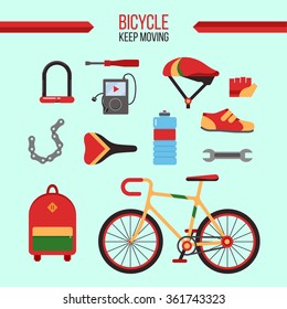 Bicycle Kit Keep Moving. City Bike with Accessories for Healthy Lifestyle. Vector illustration in flat style
