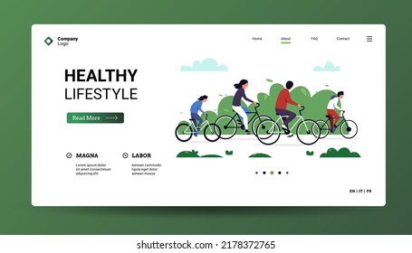 Bicycle landing. Web page template with character on bike ride in park, summer outdoor activity concept. Vector homepage with healthy cyclist. Illustration of bicycle outdoor website