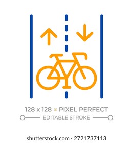 Pixel del carril de la bicicleta perfecto icono de línea de dos colores. Carretera solo para ciclistas. Sistema de tráfico. Símbolo de contorno bicolor de infraestructura vial. Pictograma lineal duotono. Ilustración aislada. Trazo editable
