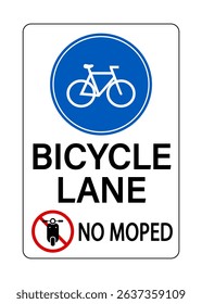 Bicycle lane road sign with a small no moped ban sign and text in the lower side.