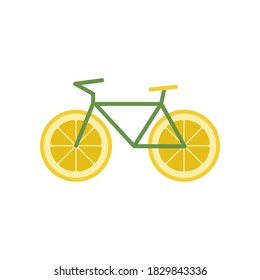 Bicycle with lemon fruit wheels. 
Flat style. Vector illustration. Funny healthy juicy fruity transport isolated on white