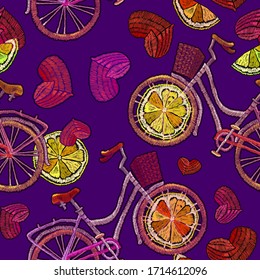 Bicycle, lemon slice and red heart, seamless pattern. Embroidery art. Summer and spring floral illustration. Romantic lifestyle concept. Fashion template for clothes, t-shirt design