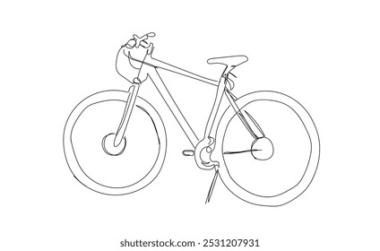 Vetor de desenho contínuo de linha de bicicleta. Uma linha de fundo do vetor de bicicleta. Ícone de bicicleta esportiva. Contorno contínuo de uma bicicleta de montanha. Vetor feito à mão não AI.