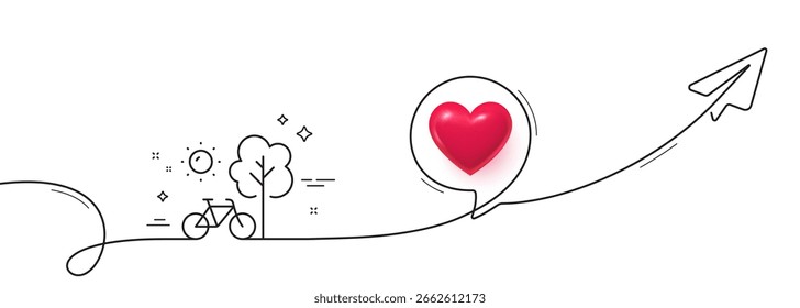 Ícone da linha de bicicleta. Linha contínua com plano de compartilhamento. Sinal de transporte de bicicleta da cidade. Símbolo de transporte externo. Coração 3d na bolha de fala. Faixa de opções de uma única linha para bicicletas. Padrão de curva de loop. Vetor