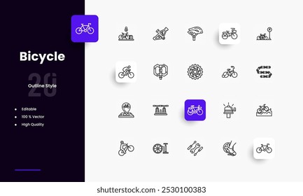 Conjunto de iconos de líneas de bicicleta. Géneros y atributos de la bicicleta. Diseño lineal. Líneas con trazo editable. Iconos aislados del vector.