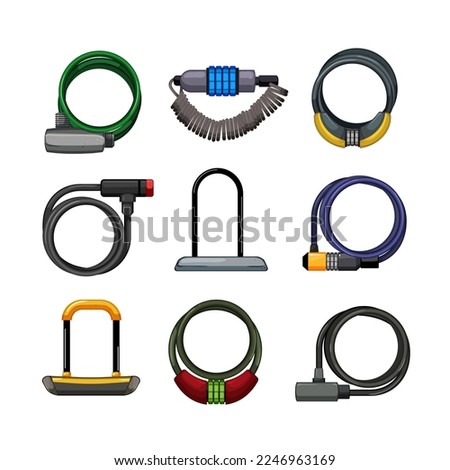 bicycle lock set cartoon. cycle sport, ride transport, road security, vehicle outdoor, city bicycle lock vector illustration