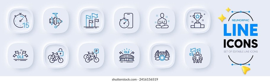 Bicycle lockers, Fishing reel and Laureate medal line icons for web app. Pack of Yoga, Winner cup, Bicycle parking pictogram icons. Timer, Ole chant, Flags signs. Leadership, Timer app. Vector