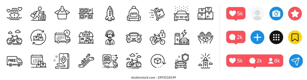 Bicycle lockers, Parking place and Lighthouse line icons pack. Social media icons. Car, Car secure, Get box web icon. Home moving, Food delivery, Return package pictogram. Vector