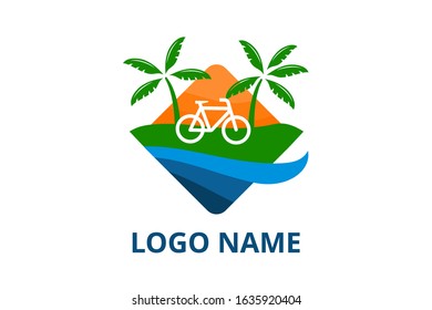 bicycle logo design leaving beach in tropical island concept icon for touring trip travel tourism agency. Summer holiday logo with ocean, tree.
