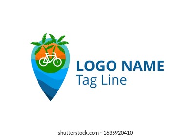 bicycle logo design leaving beach in tropical island concept icon for touring trip travel tourism agency. Summer holiday logo with ocean, tree. shape like pin point.