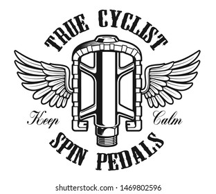 Bicycle logo, vintage illustration of a bicycle pedal with wings on the white background