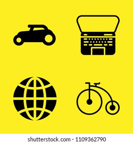 bicycle, macbook, wide rear wheel car and global vector icon set. Sample icons set for web and graphic design