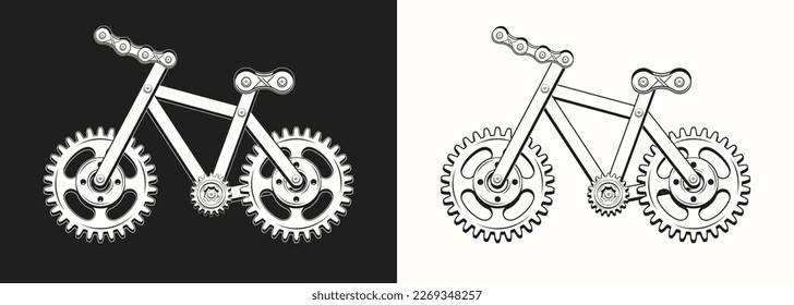 Bicycle made with gears, metal rails, rivets. Monochrome badge for repair bike service in vintage steampunk style. Good for craft design.