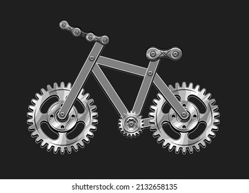Bicycle made with silver steel gears, metal rails, rivets. Badge for repair bike service in vintage steampunk style. Good for craft design.