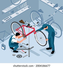 Bicycle maintenance in workshop isometric background with two workers installing bike parts after repair vector illustration