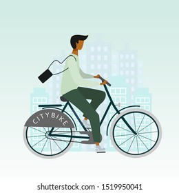 Bicycle man or boy is riding in the city. Flat stylish bike concept. Eco transport. Vector  illustration for banner, web, mobile app, flyer, poster, print, t-shirt.