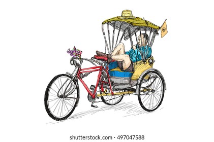 bicycle man lie down and sleeping, sketch free hand draw vector illustration