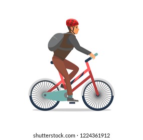 Bicycle man riding bike, biker wearing protective helmet vector. Speed of cycling, person having good time active healthy lifestyle. Hobby and sport