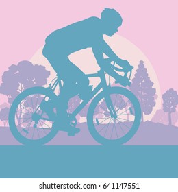 Bicycle man sport vector background landscape with trees and sunset